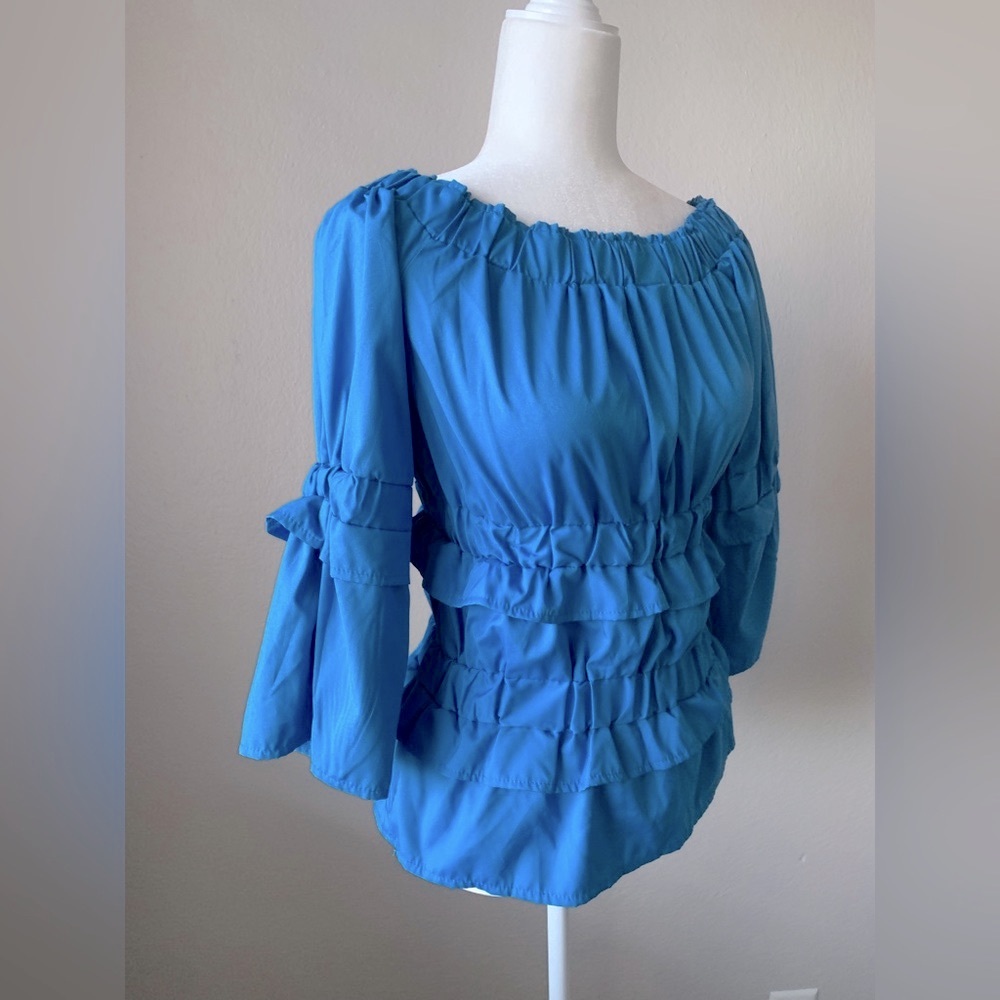 Blue Ruffled Women's Blouse - Picture 2 of 3